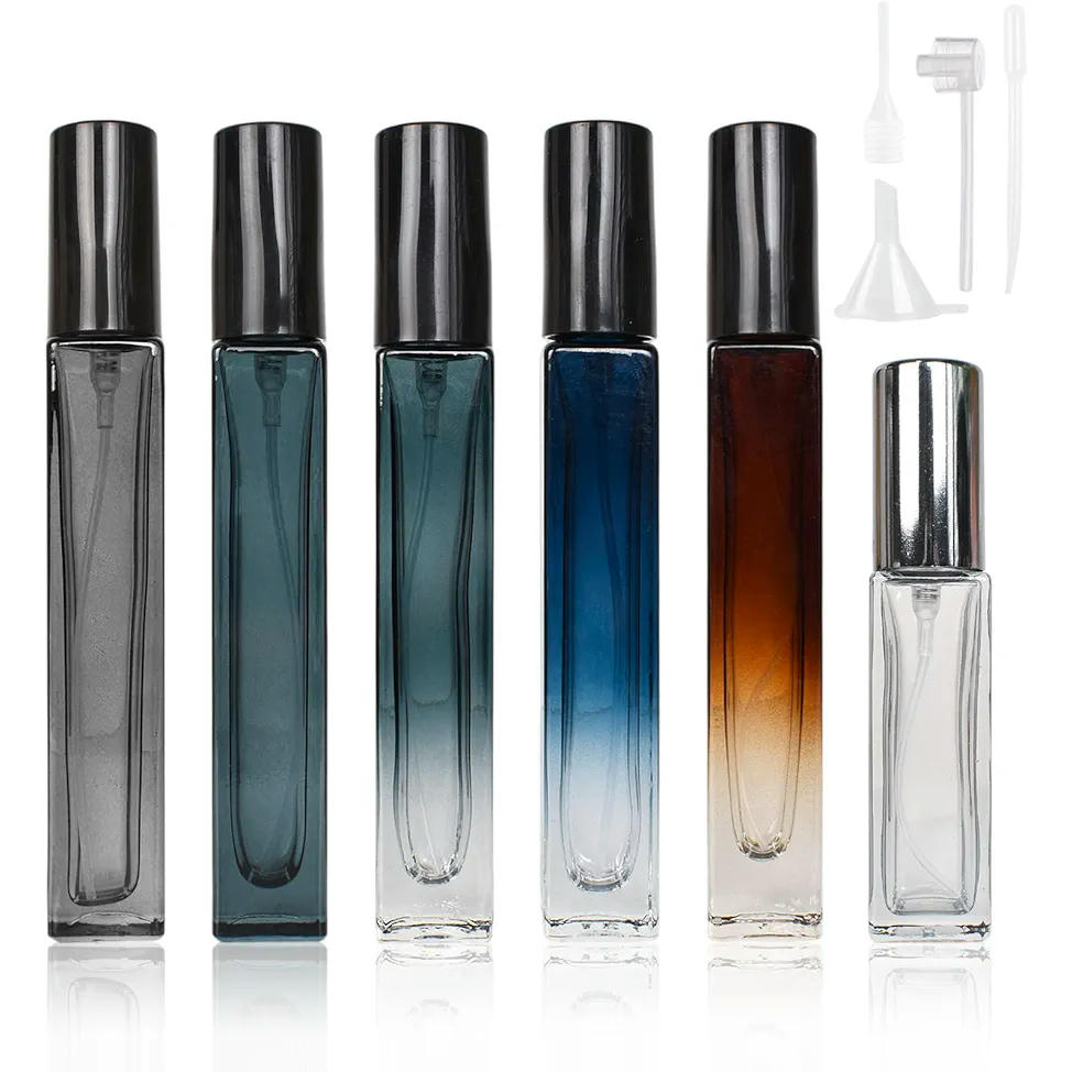 Dispensador Perfume Viaje, 6 Piezas Atomizador Perfume, Botellas de Perfumes de Viaje de Vidrio, Botellas Vidrio Antifugas, Pulverizador Fino y Portátil, Incluye Accesorios, 10ml