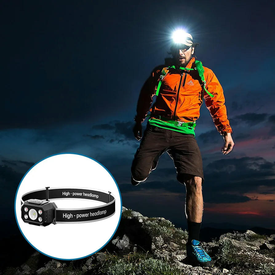 Linterna Frontal LED Recargable Impermeable con Sensor de Movimiento y Luces de Advertencia Rojas (Negro)