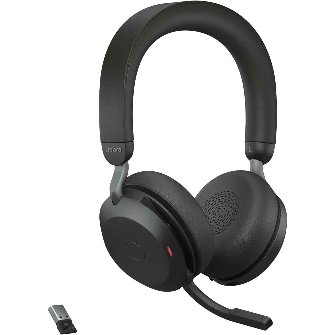 Jabra Evolve2 75 Auriculares Estéreo Inalámbricos para PC con tecnología de 8 micrófonos-Auriculares de Doble Espuma y Cancelación de Ruido Activa, Adaptador Bluetooth USB-A-Para MS Teams-Negro