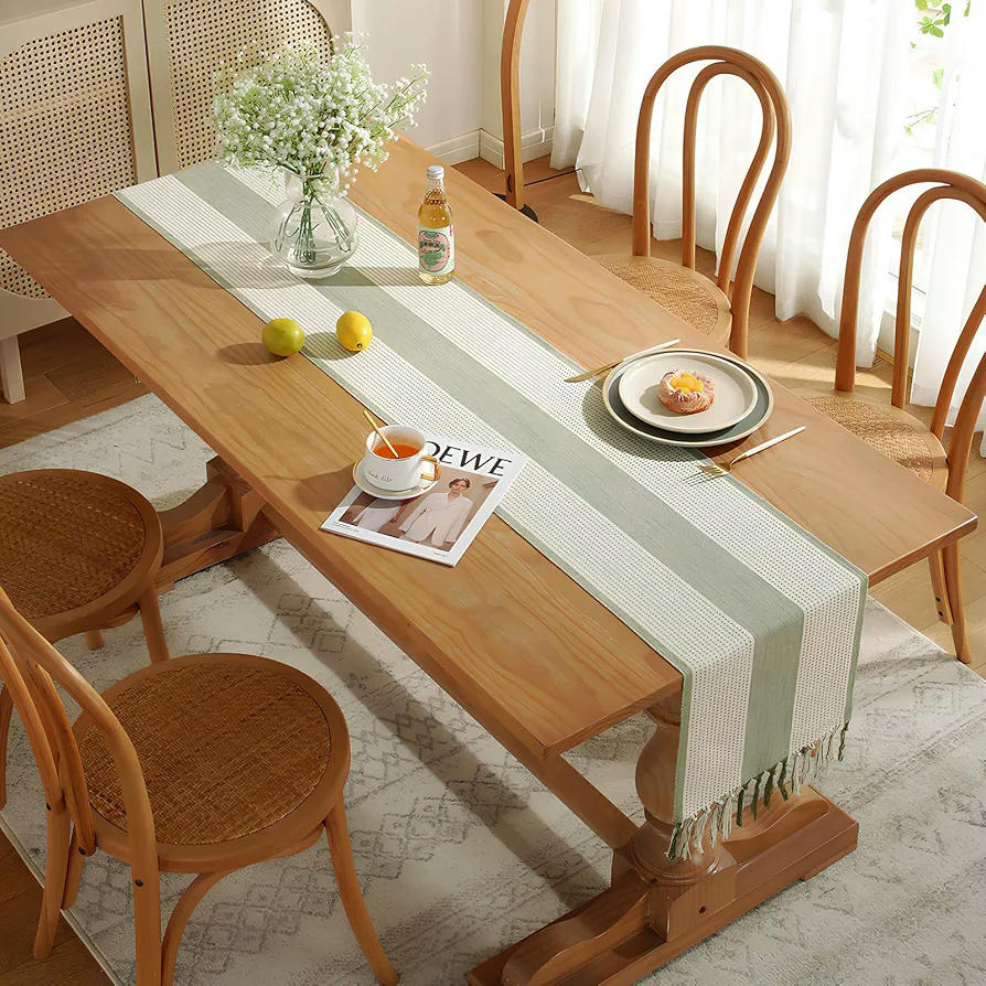 Caminet de Taula de Cotó Verd, Estil Bohemi i Rústic, Rentable, 183 cm, Amb Borles, Ideal per Decoració de Menjador i Festes