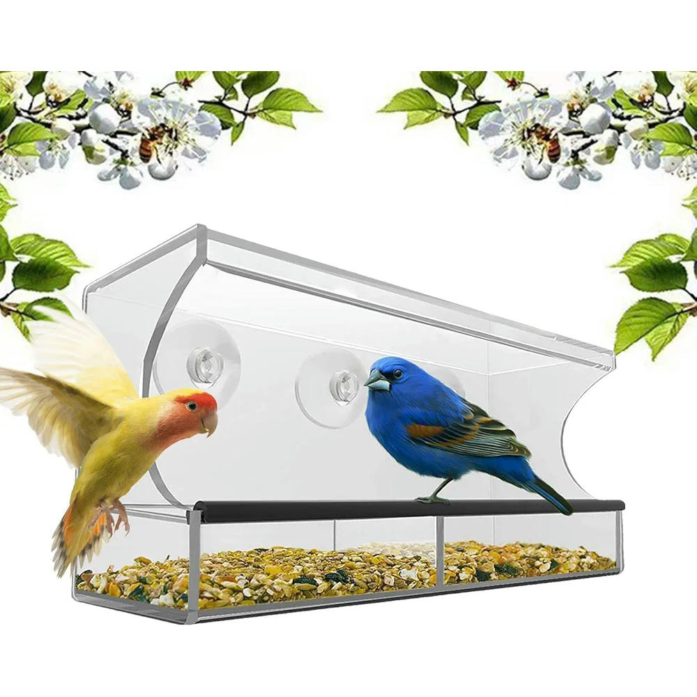 Comedero para pájaros transparente de acrílico, modelo con ventosas, alimentador ideal para periquitos y canarios, suministros de alimentación para balcón y jardín (30 cm, transparente)