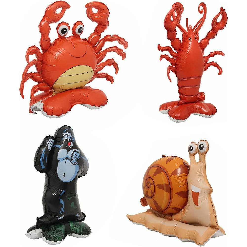 Paquete de 4 globos de animales, globos de foil de animales de selva y mar, incluye cangrejo, caracol, langosta y orangután, ideales para fiestas de cumpleaños
