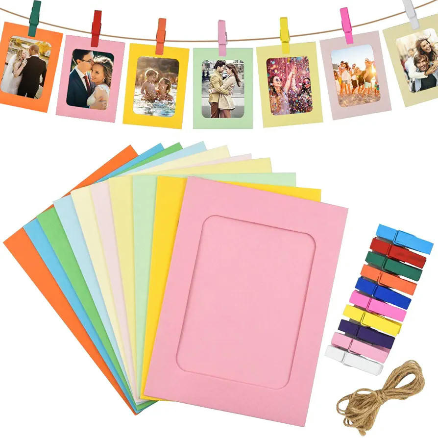 30 marcos de fotos de papel colorido con clips y cuerdas, marco para fotos de cartón de 15 x 11 cm, paquete completo para decoración (multicolor)