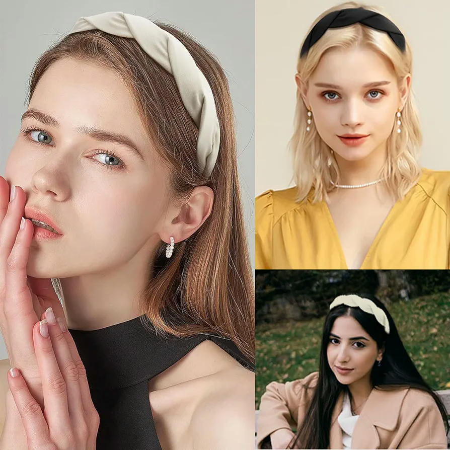 Juego de 3 diademas sólidas para mujeres y niñas, trenzadas anchas, diademas de tela con dientes, accesorios antideslizantes de 3 cm, 3 colores (Marron, Blanco, Negro)
