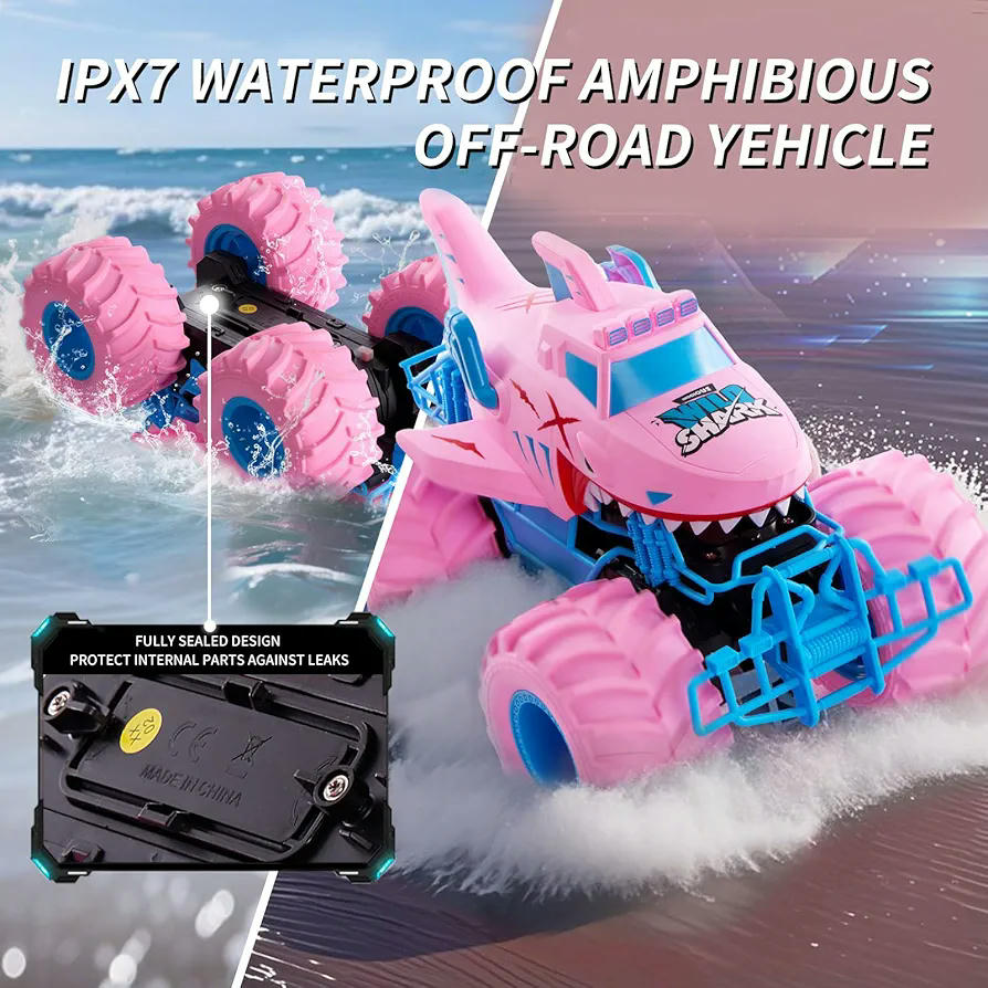 Coche teledirigido anfibio rosa en forma de tiburón para niños y niñas de 4 a 12 años, 4WD