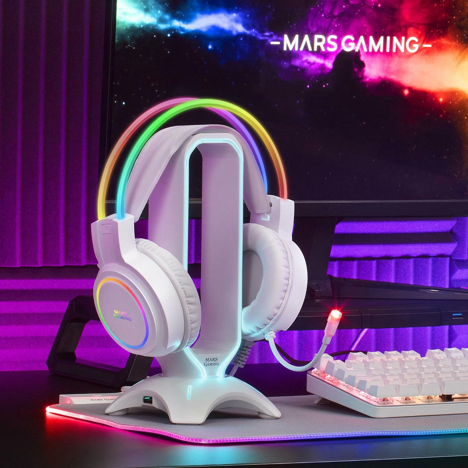 Mars Gaming MHRGB Blanco, Auriculares Chroma RGB Flow, Micrófono Profesional, Sonido Espacial