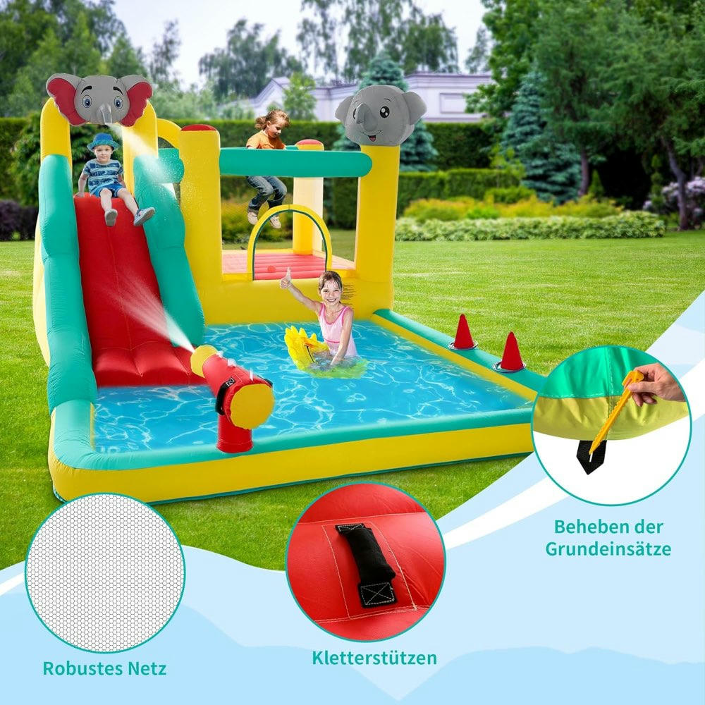 Castillo inflable con tobogán, área de salto, pit de pelotas y aro de baloncesto, diseño de elefantes, para uso en interiores y exteriores, 423 x 286 x 212 cm