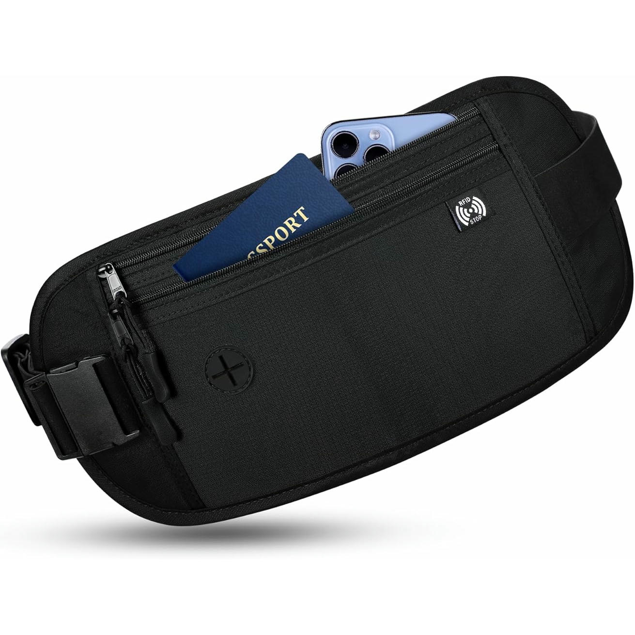 Riñonera impermeable, cinturón de dinero antirrobo, tecnología de bloqueo RFID, ideal para pasaporte y teléfono, color negro
