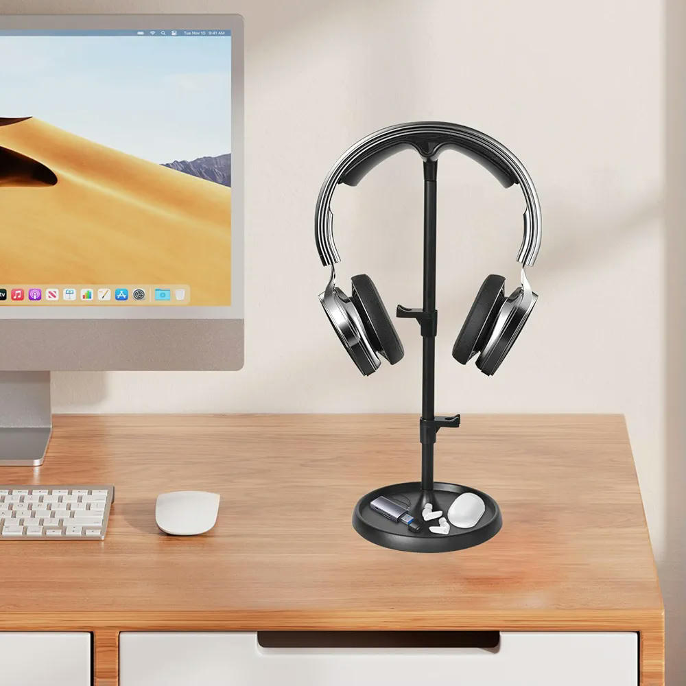 Soporte Curvo para Auriculares con Bandeja de Almacenamiento, Accesorios de Escritorio para Juegos (Negro)