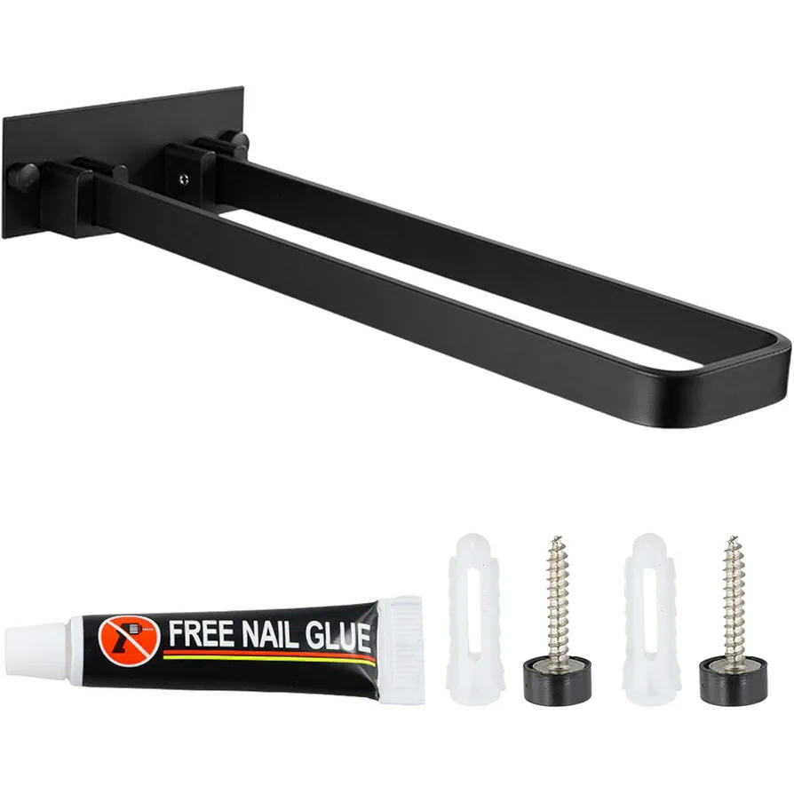 Toallero Adhesivo Doble de Acero Inoxidable 23 cm, Toallero Plegable y Giratorio 90°, Accesorios de Montaje para Baño y Cocina (Negro)