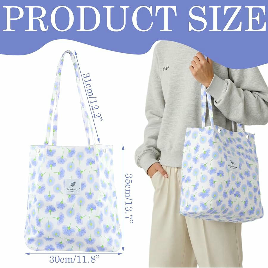 Bolso Tote Bag de Pana para Mujer, Casual y Elegante con Patrón Floral y Gran Capacidad (Azul)