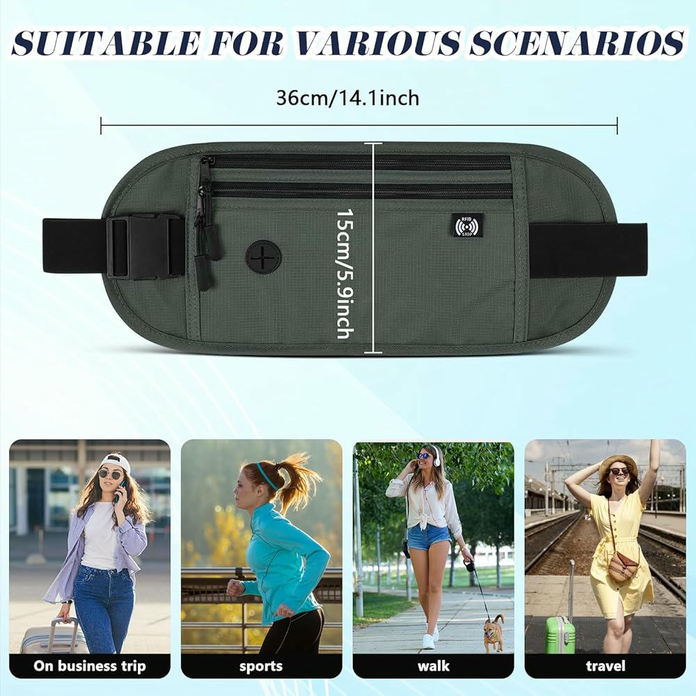 Riñonera impermeable Gris para hombres y mujeres, cinturón de dinero con tecnología de bloqueo RFID, ideal para viajes y seguridad de pasaporte y teléfono (Gris)