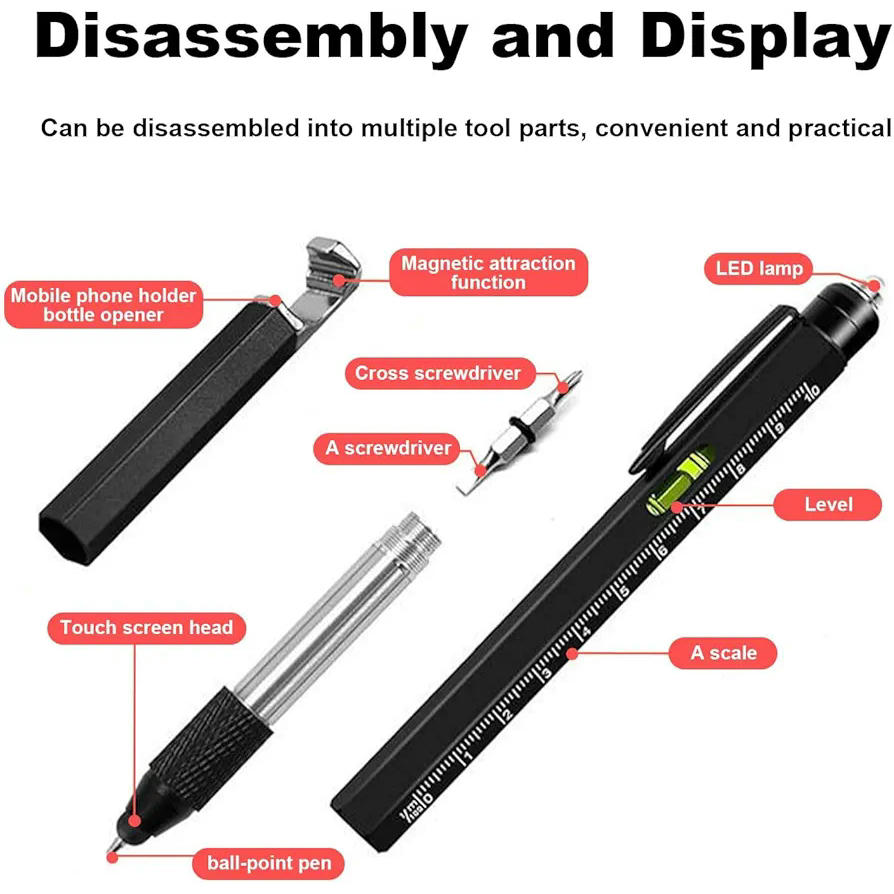 Bolígrafo Multifuncional 7 en 1, Herramienta Táctica de Aluminio, Accesorios Prácticos para Hombres, Bolígrafo con Regla, Destornillador, Abridor de Botellas y Lápiz Táctil