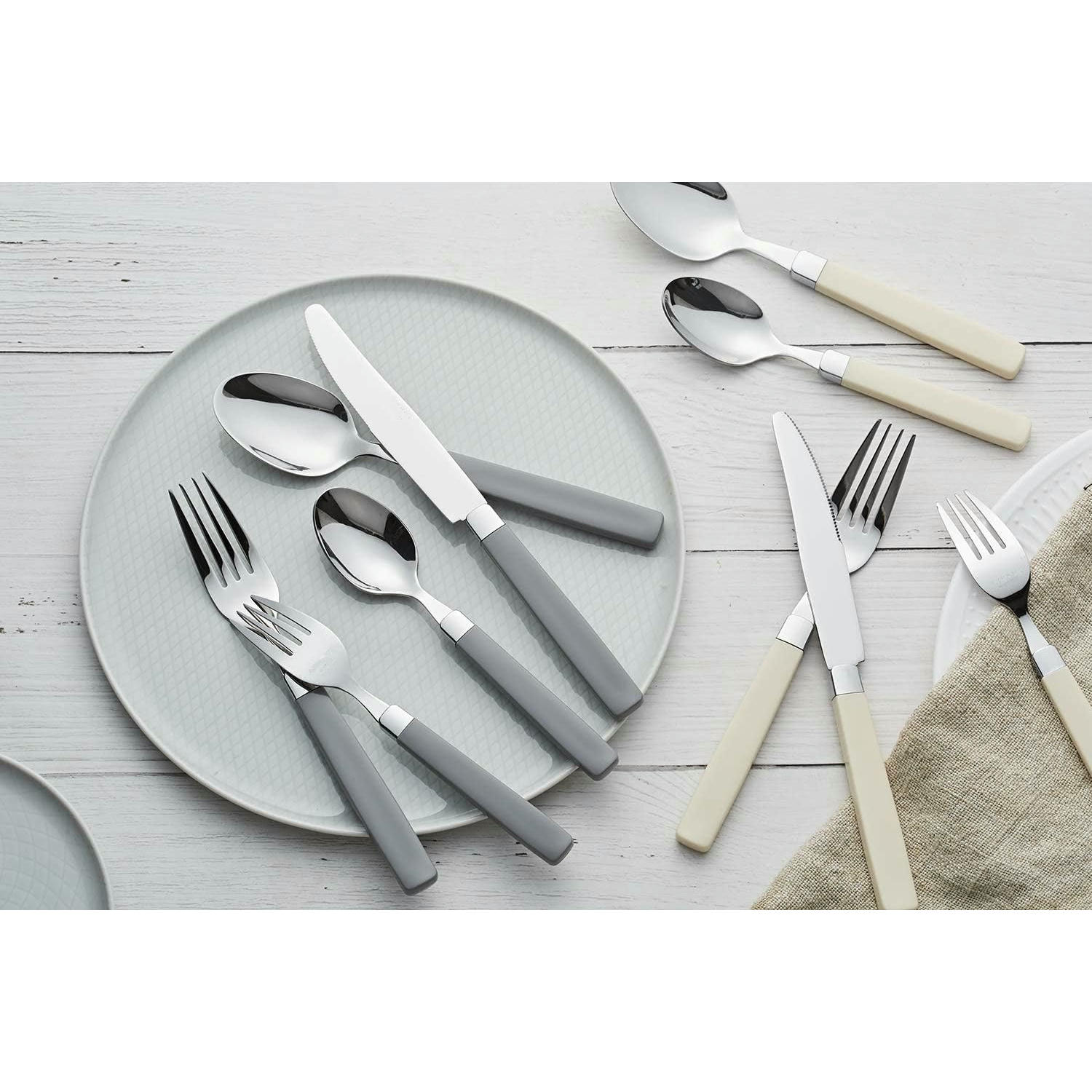 Cubertería de 16 Piezas - Acero Inoxidable con Mangos de Colores, Apta para Lavavajillas - Gris