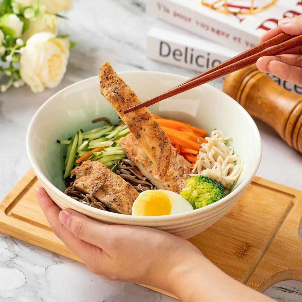 Set de 2 Tazones de Ramen de Cerámica de 1200ml con Palillos y Cuchara, Beige