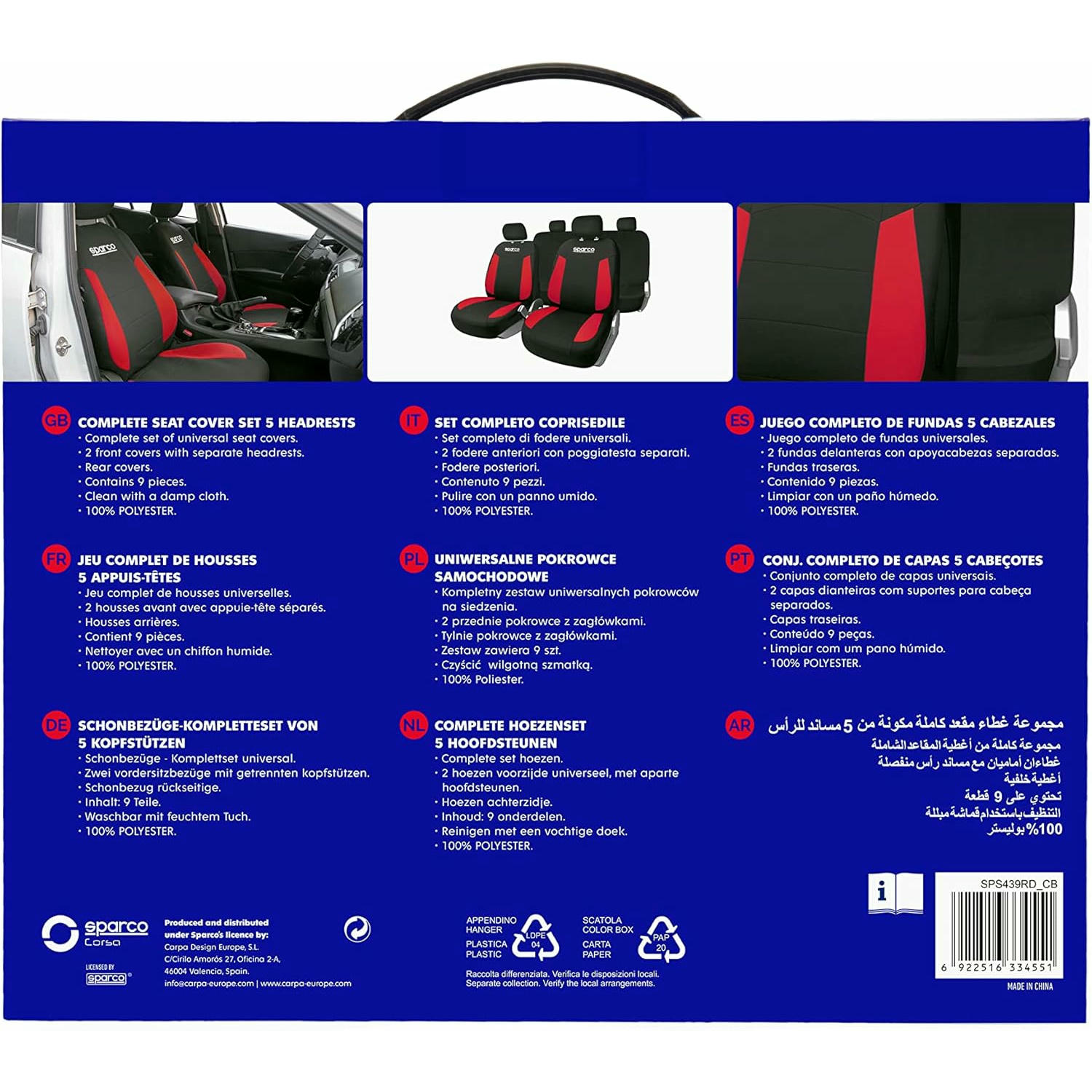 Sparco SPCS439RD Juego Completo de Fundas de Asiento Universales, Color Rojo/Negro