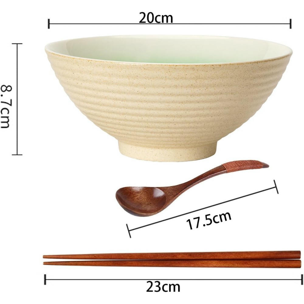 Set de 2 Tazones de Ramen de Cerámica de 1200ml con Palillos y Cuchara, Beige