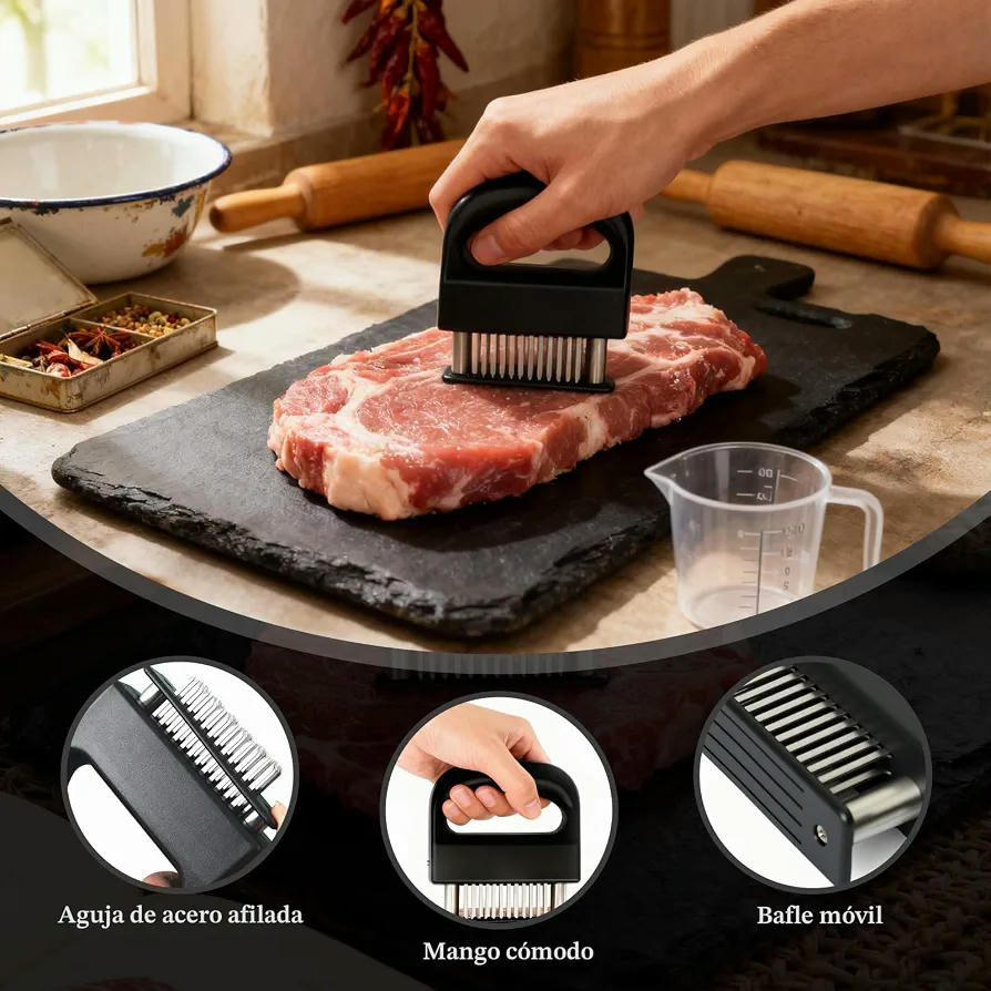 Juego Combinado de Ablandador de Carne y Aguja para Cebolla, 2 Piezas de Acero Inoxidable (Negro)