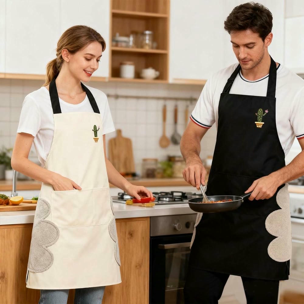Paquete de 2 Delantales de Cocina para hombre y mujer, con diseño de cactus, impermeable y práctico (Negro y Gris)