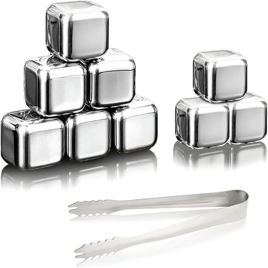 Cubitos de Hielo de Acero Inoxidable 8 Piezas, Cubitos Reutilizables, Con Pinzas y Caja de Almacenamiento, Ideal para Whisky, Cócteles y Bebidas