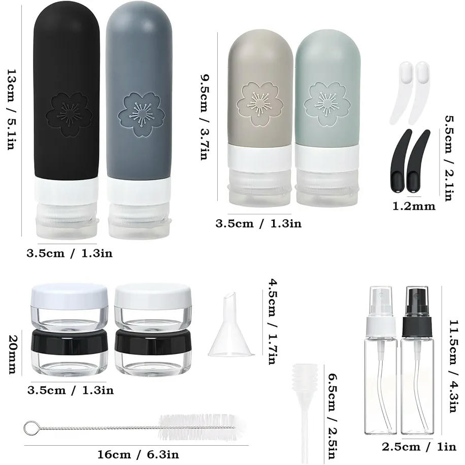 Botellas de viaje de silicona, set de 18 piezas, contenedores portátiles rellenables con bolsa transparente, recipientes para champú, lociones y líquidos (Gris)