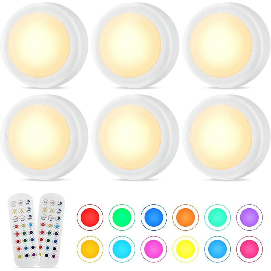 Iluminación luces LED RGB, 6 lámparas regulables para armarios y muebles bajo, 15 colores, luz nocturna recargable con control remoto, ideal para escaleras y vitrinas