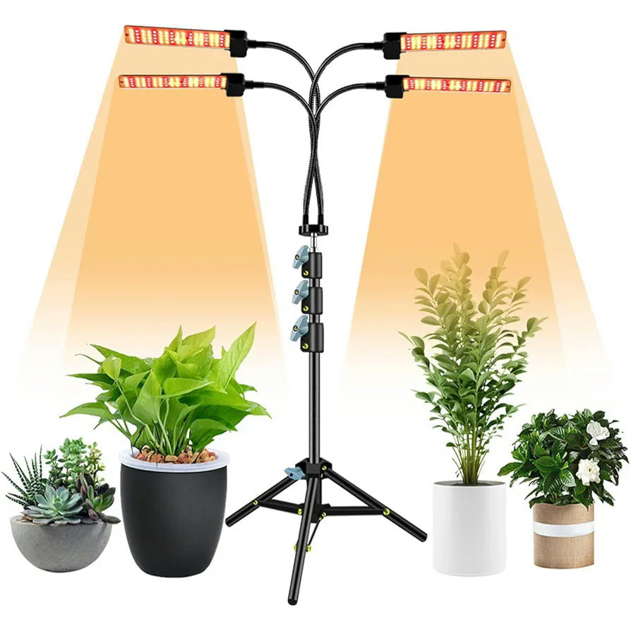 Luz de Cultivo LED para Plantas de Interior con Soporte Trípode Ajustable y Temporizador Automático, Espectro Completo, 4 Cabezas, Enchufe EU