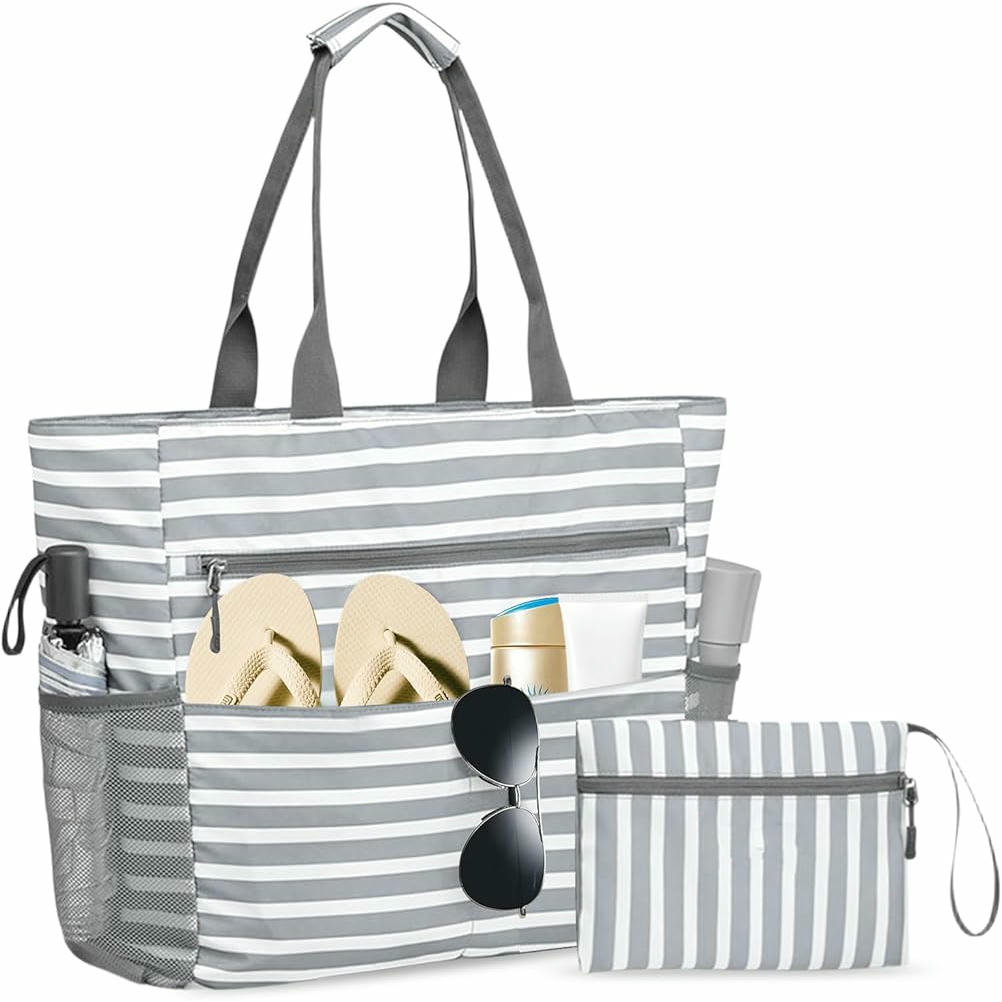 Bolsa de Playa Grande con Cremallera para Mujer, Shopper Multifuncional, Bolso de Lona con Asas para Playa, Piscina, Gimnasio y Viajes, Color Gris