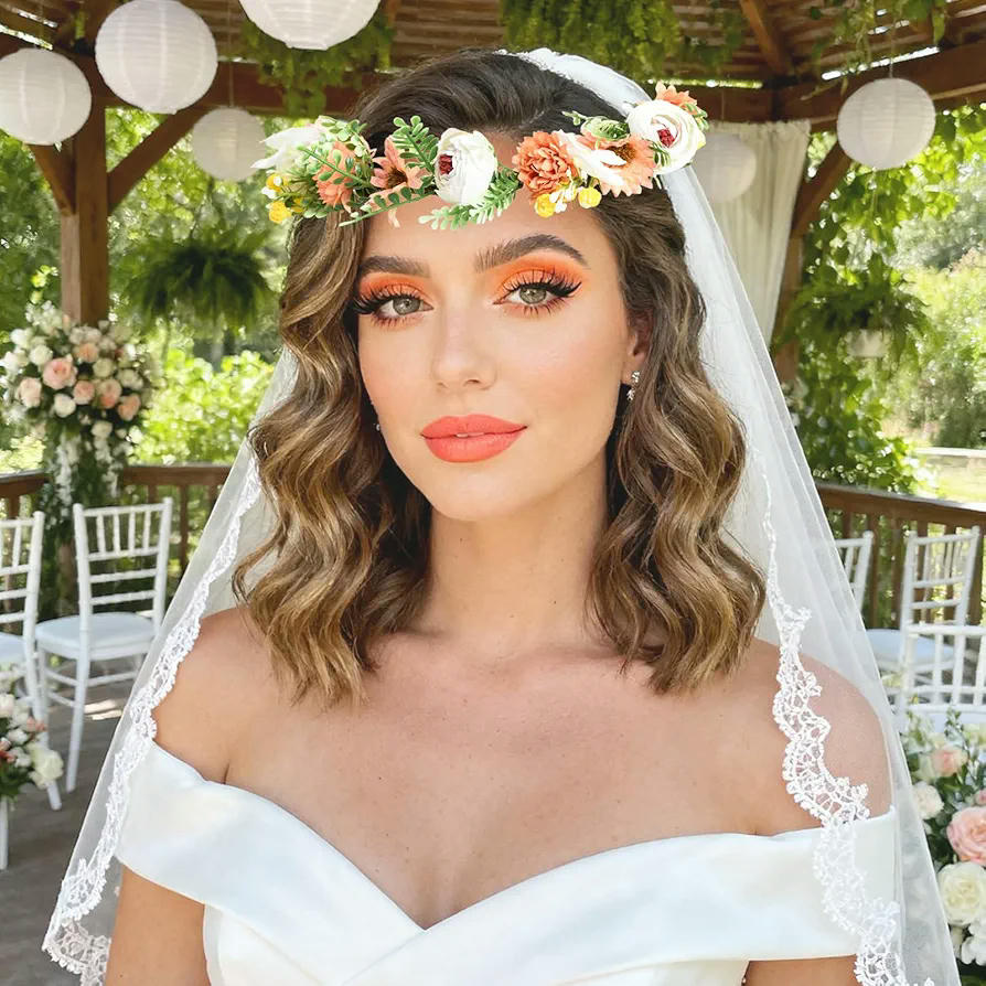 Diadema de Flores para Niña y Mujer con Cinta Ajustable, Ideal para Ceremonias y Festivales, 19 cm (Naranja Multicolor)