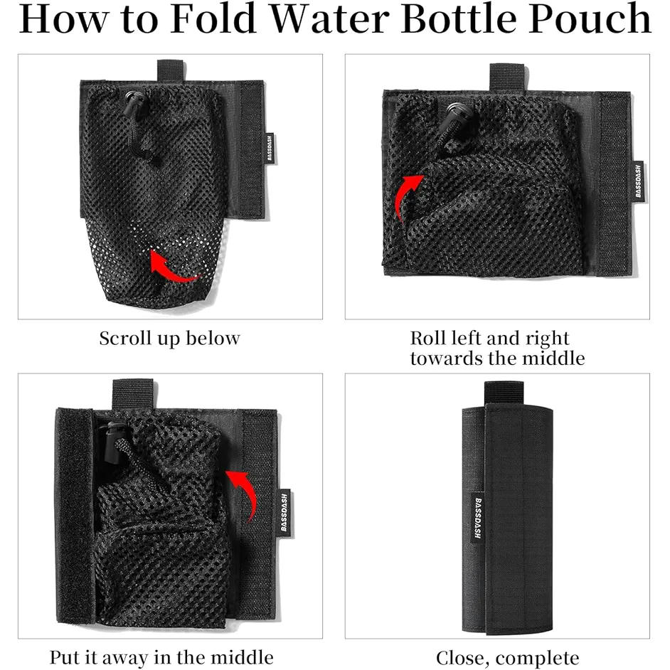 Portabotellas táctico para botellas de agua, bolsa plegable de nailon, con cordón superior y base de malla, ideal para camping, senderismo y actividades al aire libre, color negro