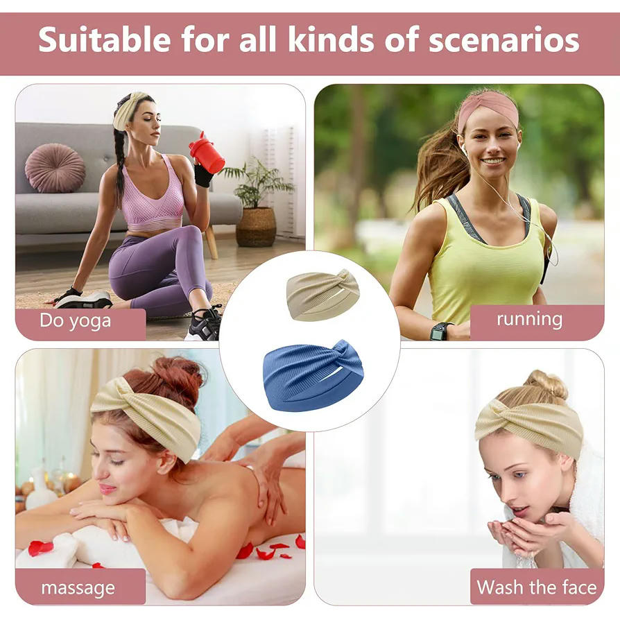 Turbante Elástico Paquete de 5 unidades, Diademas Anchas para Mujer, Cintas de Pelo Suaves para Yoga y Ejercicio, Colores Variados Blanco Roto, Azul Marino, Gris Claro, Gris Oscuro, Rosa (Multicolor)