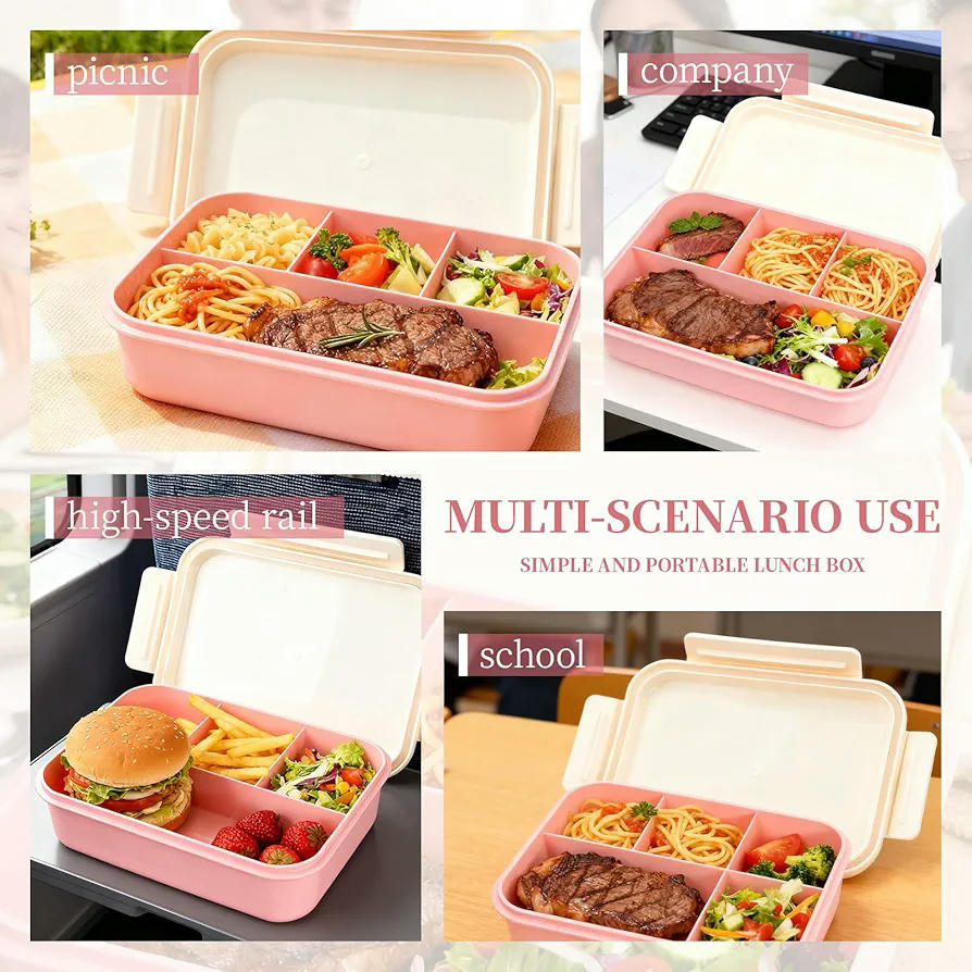 Fiambrera Bento Rosa con 4 Compartimentos 1000ml para Microondas y Lavavajillas