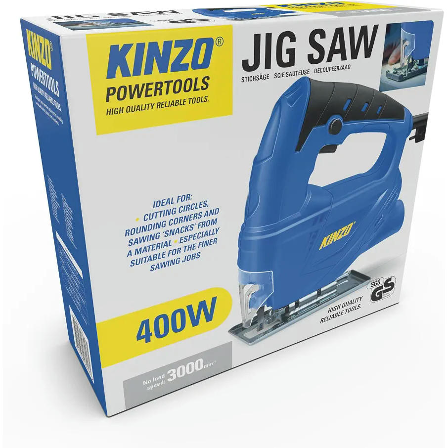 Kinzo Sierra de calar – 230 V – 400 W – con extracción de polvo – Hoja protectora – Varios materiales – Madera hasta 65 mm – Metal hasta 6 mm – Azul, 8711252064161