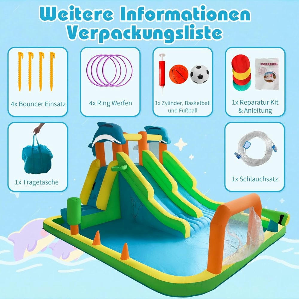 Castillo Inflable con Tobogán de Agua, Equipamiento Inflable, Parque Acuático para Niños, 2 Toboganes, Tema de Delfines, 393 x 304 x 220 cm