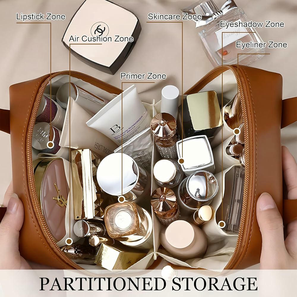 Neceser de Maquillaje para Mujer de Cuero PU con Asa y Compartimentos para Organización (Marrón)