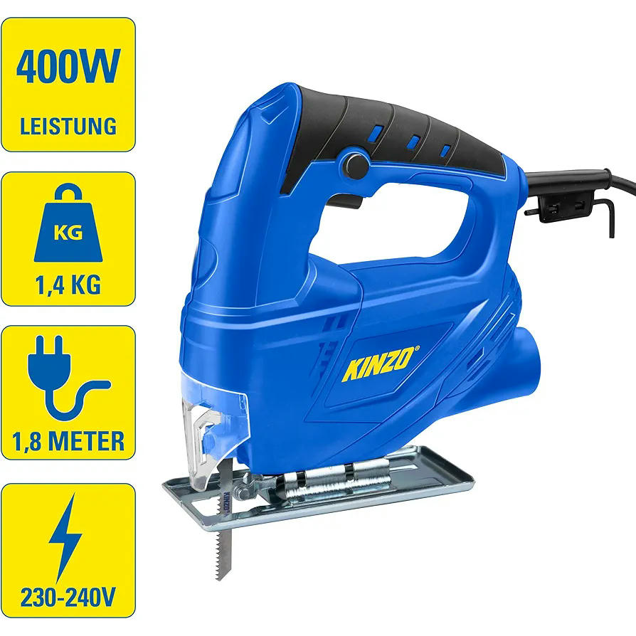 Kinzo Sierra de calar – 230 V – 400 W – con extracción de polvo – Hoja protectora – Varios materiales – Madera hasta 65 mm – Metal hasta 6 mm – Azul, 8711252064161