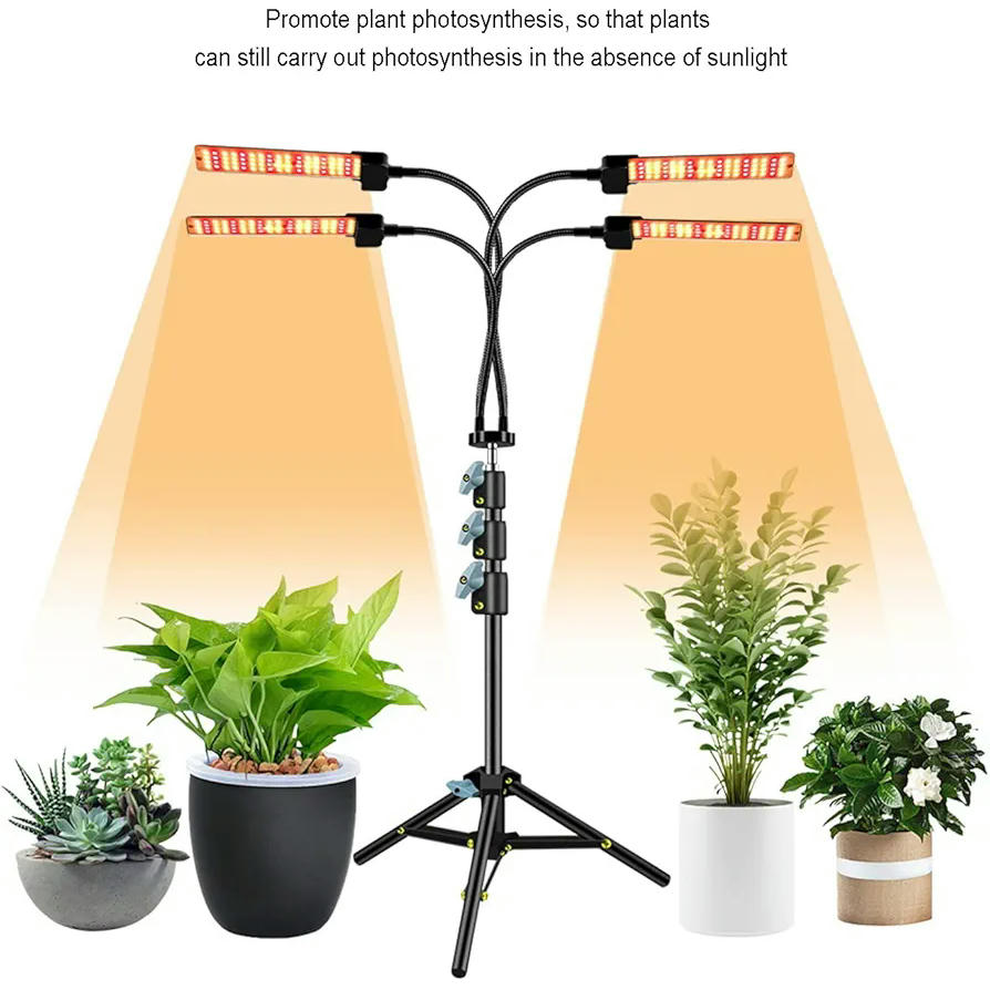 Luz de Cultivo LED para Plantas de Interior con Soporte Trípode Ajustable y Temporizador Automático, Espectro Completo, 4 Cabezas, Enchufe EU