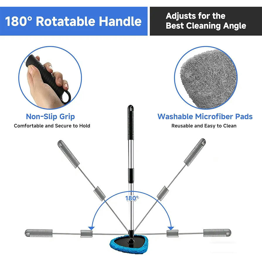 Cepillo para limpiar parabrisas de vehículo, con mango telescópico ajustable, cabezal giratorio y 3 almohadillas de microfibra reutilizables (Gris)