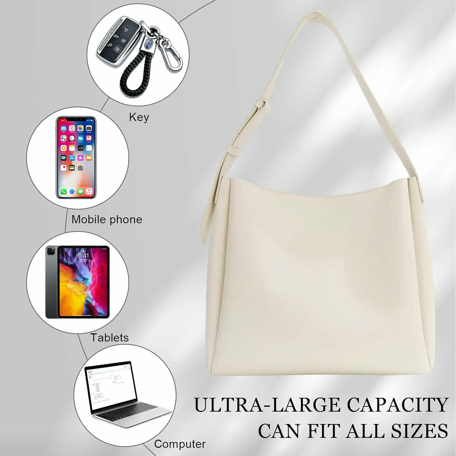 Bossa de mà per a dona, bossa de cuir sintètic gran amb corretja ajustable, 2 organitzadors de bossa i bossa, nansa superior per a la feina, l'escola, viatges, compres, color marró