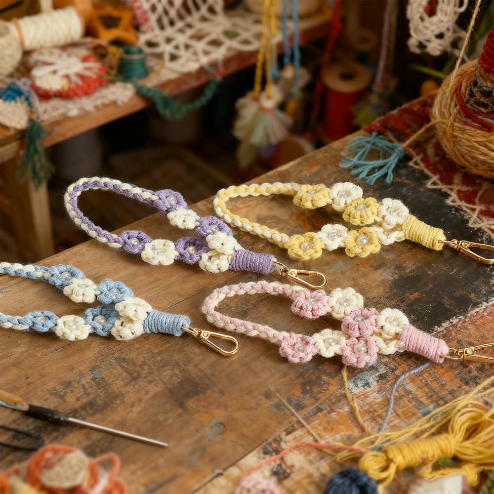4 Piezas Llaveros Hechos a Mano Estilo Boho con Margaritas para Mujer