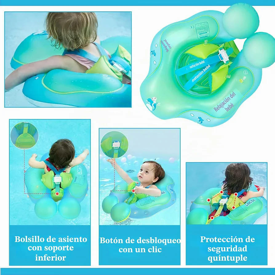 Flotador Inflable para Bebés con Asiento de Seguridad y Respaldo, Ideal para 6 a 12 Meses (Azul Verde Turquesa)