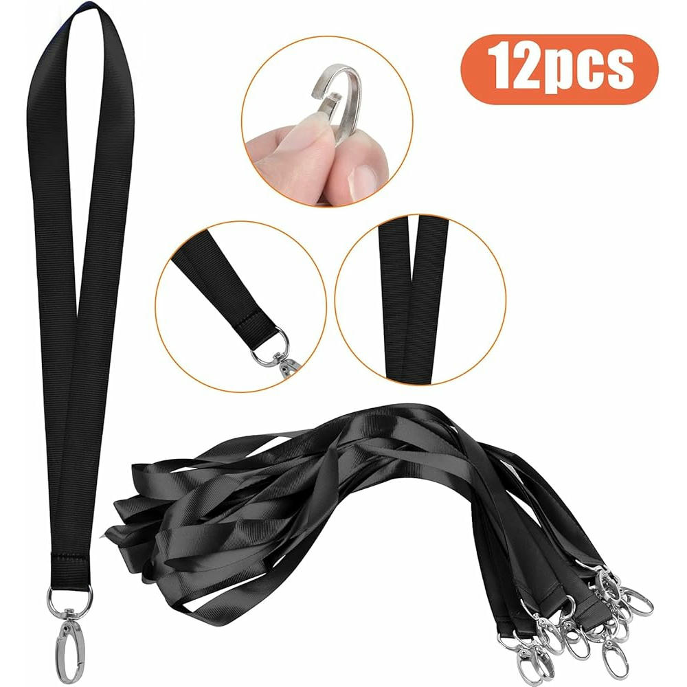 12 Piezas Lanyard Negro 45cm con Gancho Metálico, Ideal para Identificaciones y Llaves (Negro)