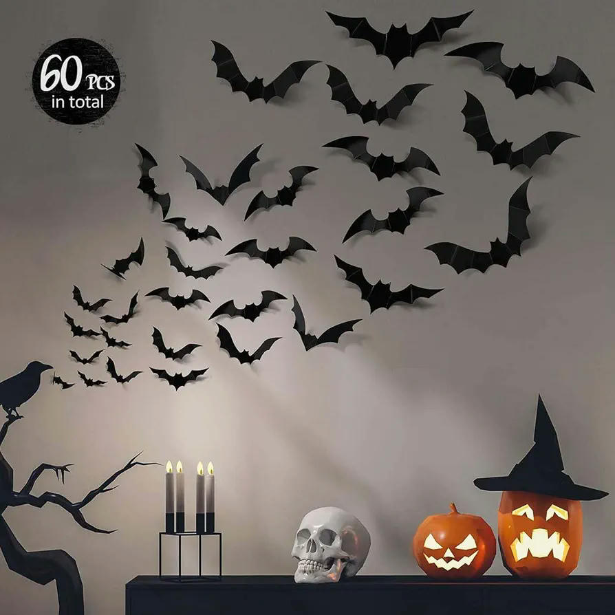Decoración de Murciélagos 3D para Halloween en 4 Tamaños - Pack de 48 Piezas, Color Negro