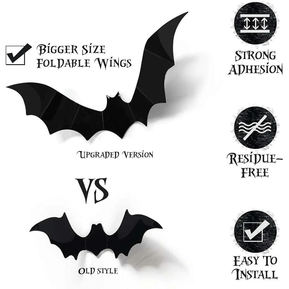 Decoración de Murciélagos 3D para Halloween en 4 Tamaños - Pack de 48 Piezas, Color Negro