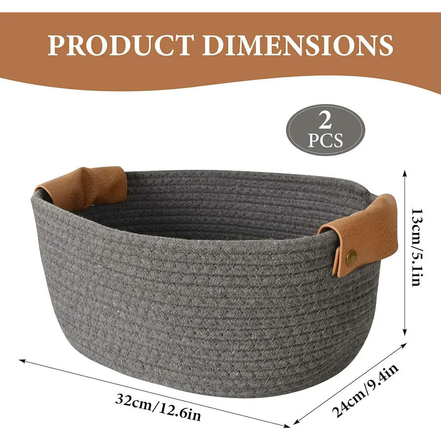 2 Piezas Cestas Organizadoras de Cuerda de Algodón Tejida con Asa de Cuero para Almacenamiento en el Hogar, para ropa, juguetes, decoración (Gris)