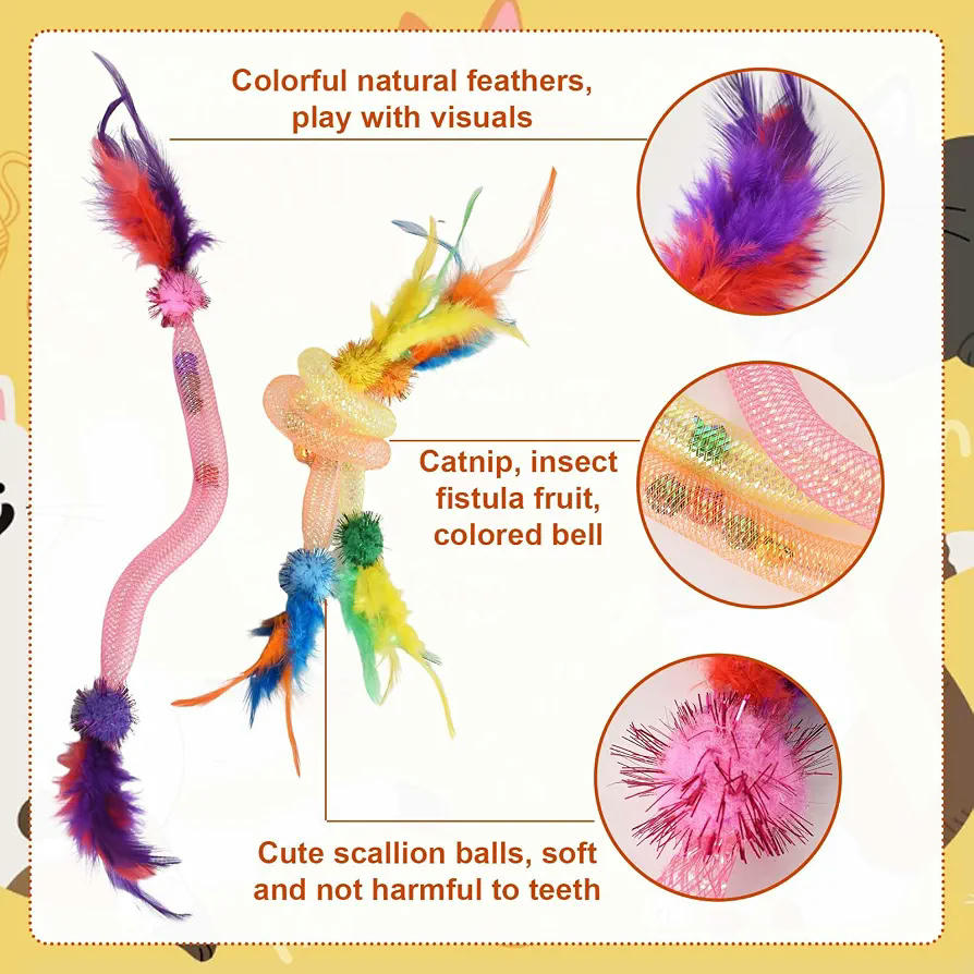 3 Piezas de Juguete para Gatos con Hierba Gatera, plumas y sonidos de cascabel (Multicolor)