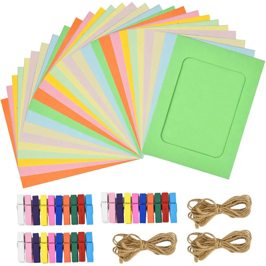 30 marcos de fotos de papel colorido con clips y cuerdas, marco para fotos de cartón de 15 x 11 cm, paquete completo para decoración (multicolor)