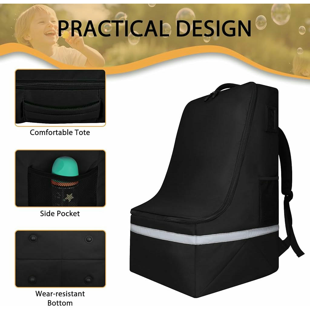 Bolsa de viaje para asiento de coche, mochila acolchada con correa para hombro, funda ideal para transporte en avión, incluye rayas reflectantes (color negro)