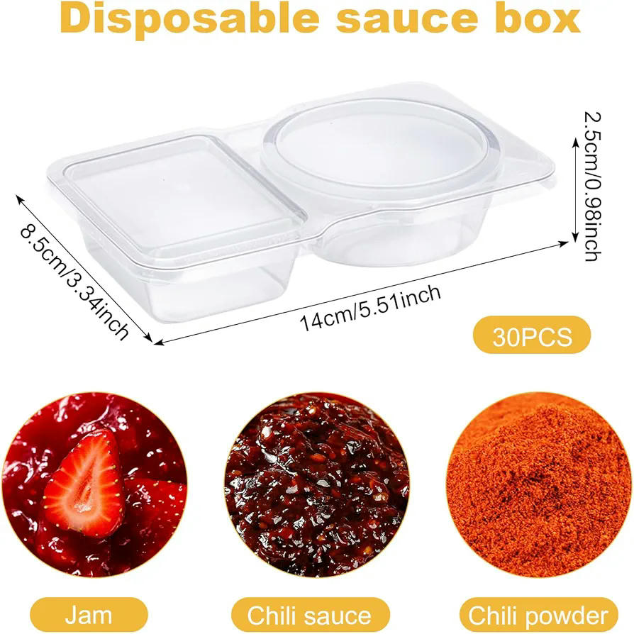 Vasos de plástico para salsa, pack de 30 unidades, doble compartimento de 130 ml, recipientes reutilizables para salsas, sopas y cremas (transparente)