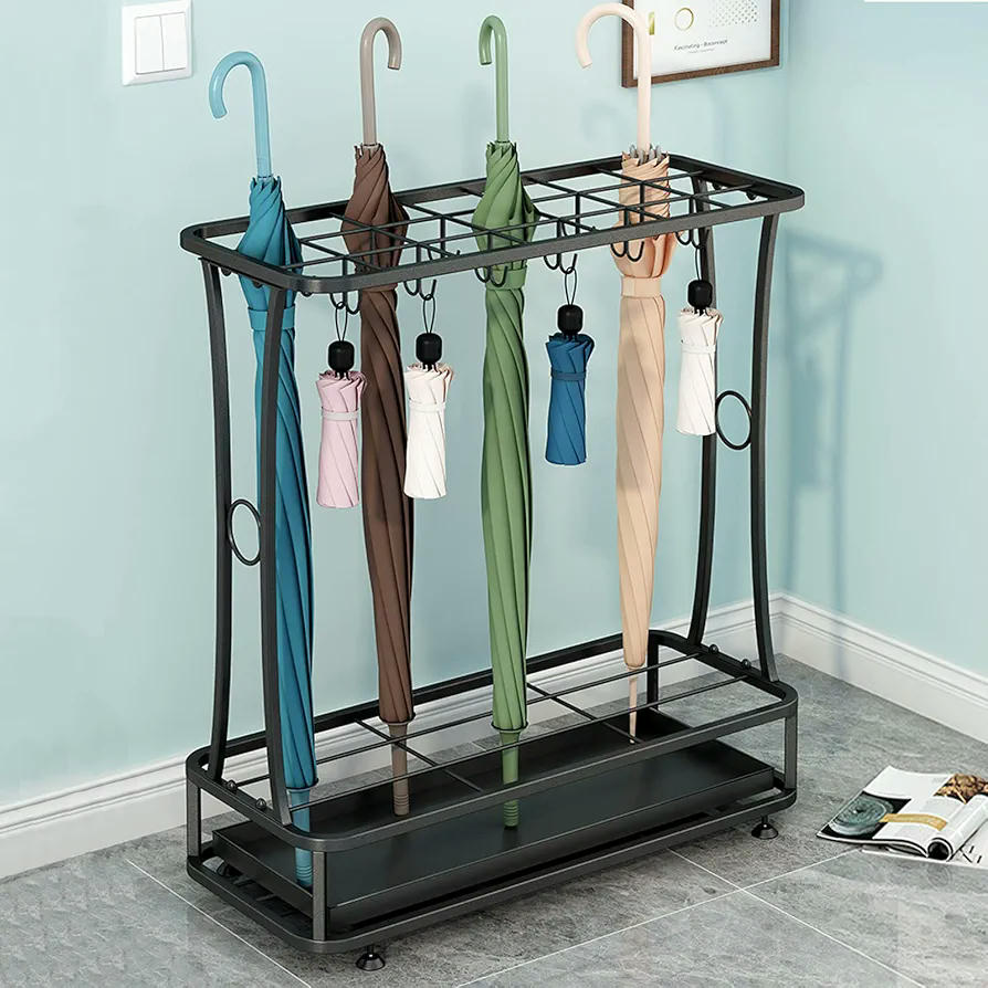Paragüero Multifuncional Negro, Almacenamiento de Bastones y Paraguas, Diseño Moderno para Casa, Oficina, Hotel, Gran Capacidad